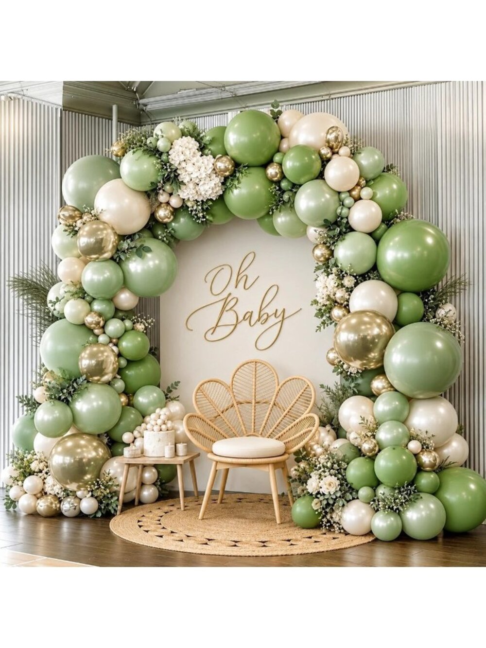 New Sage Green White Balloon Garland Double Stuffed Green Gold White